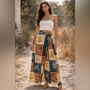 House of Harlow 1960 Patchwork Maxi Skirt in Navy, Brown, Yellow